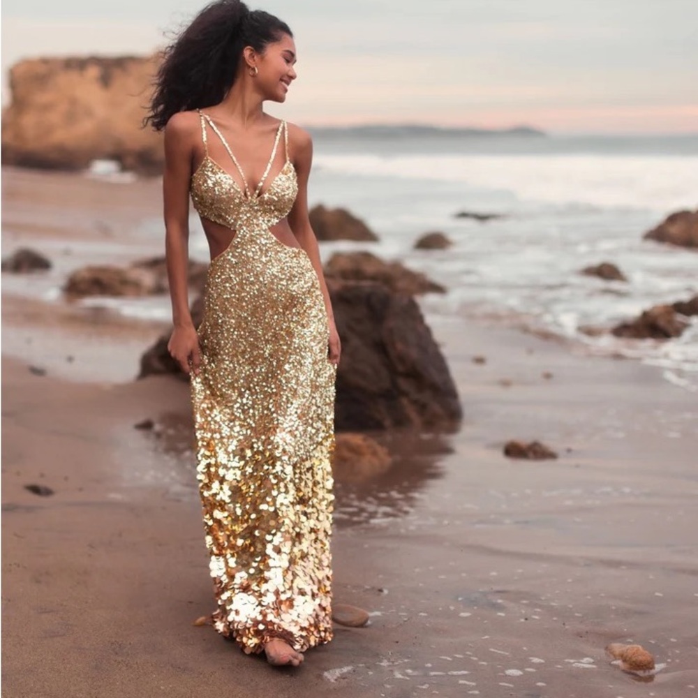 Mac Duggal Gold Sequin Cutout Maxi Dress